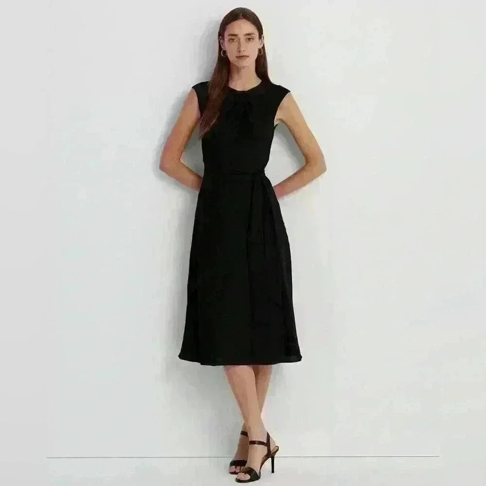 NWT Lauren Ralph Lauren Bubble Crepe Cap-Sleeve Dress Black Size 4 - Picture 1 of 9